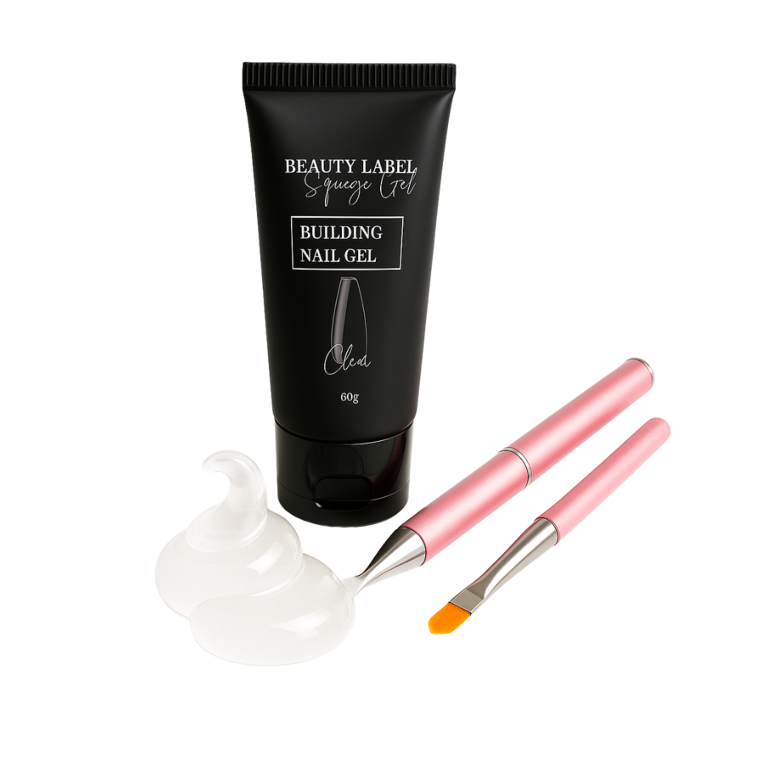 "Beauty Label Squeeze Gel Clear, transparante zelfmodellierende gel voor sterke en natuurlijke nagelverlenging en -versteviging."