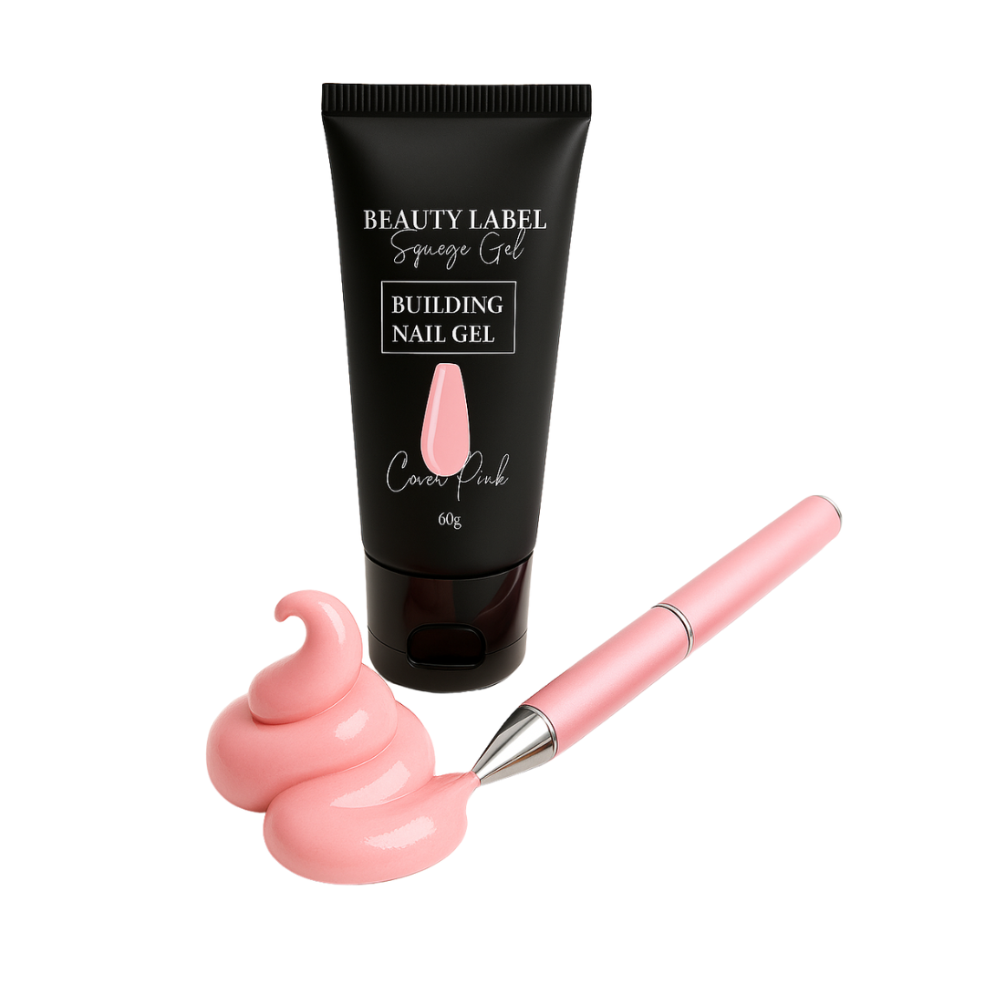 "Beauty Label Squeeze Gel Cover Pink, zelfmodellierende gel in een klassieke roze tint voor natuurlijke nagelverlenging en -versteviging."