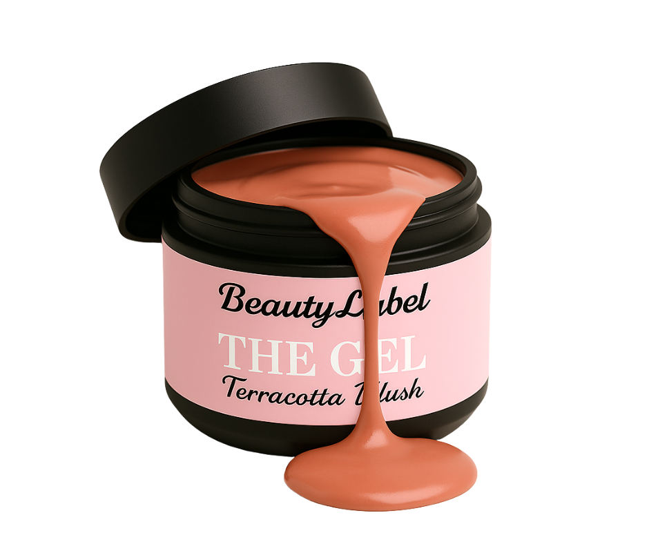 Zwarte gelpot van BeautyLabel met lichtroze label “THE GEL – Terracotta Blush”, waaruit een gladde, crèmige terracotta gel nagellak over de rand stroomt, tegen een zachte beige achtergrond.