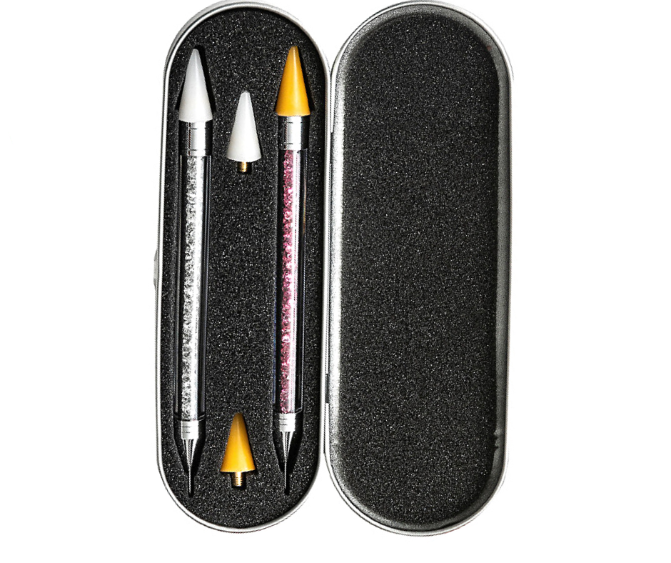 2 in 1 Rhinestone Pen / Wax Pencil - 2 stuks in Metal Case (white & pink)