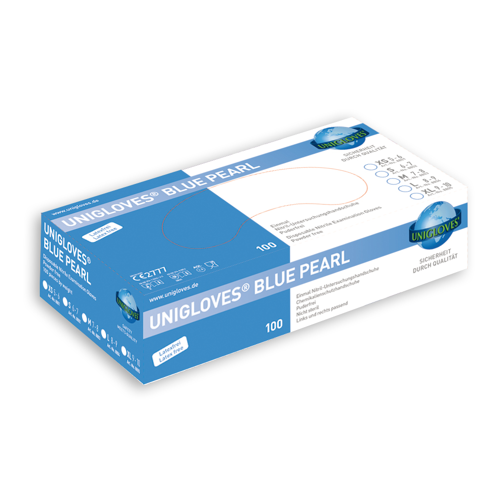 Blauwe Unigloves Blue Pearl nitril handschoenen in maat L, doos van 100 stuks – poedervrij en geschikt voor professionele toepassingen in de beautybranche.