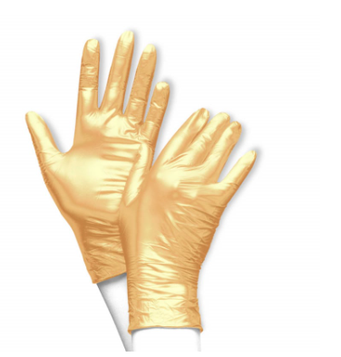 Goudkleurige Unigloves Fancy Gold nitril handschoenen – stijlvol en poedervrij, ideaal voor beautyprofessionals en nagelstylisten.