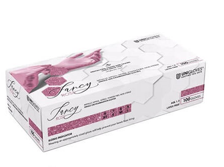 Zachtroze Unigloves Fancy Rose nitril handschoenen – comfortabel, poedervrij en perfect voor nagelstylisten en andere beautyprofessionals.