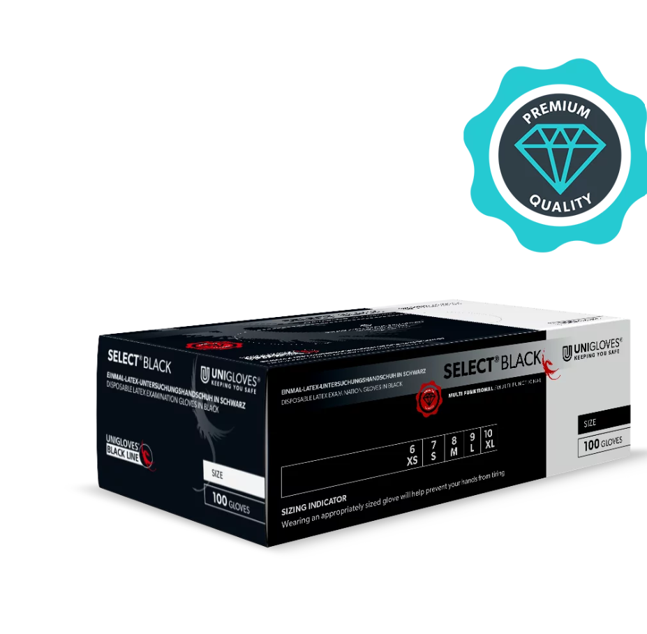 Zwarte Unigloves SELECT® latex handschoenen, maat XS, doos van 100 stuks – poedervrij en ideaal voor professionals zoals nagelstylisten en schoonheidsbehandelingen.

