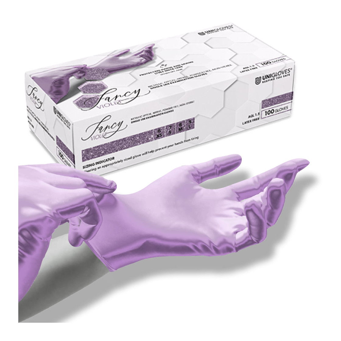 Paarse Unigloves Fancy Violet nitril handschoenen – poedervrij en latexvrij, perfect voor professioneel gebruik door nagelstylisten.