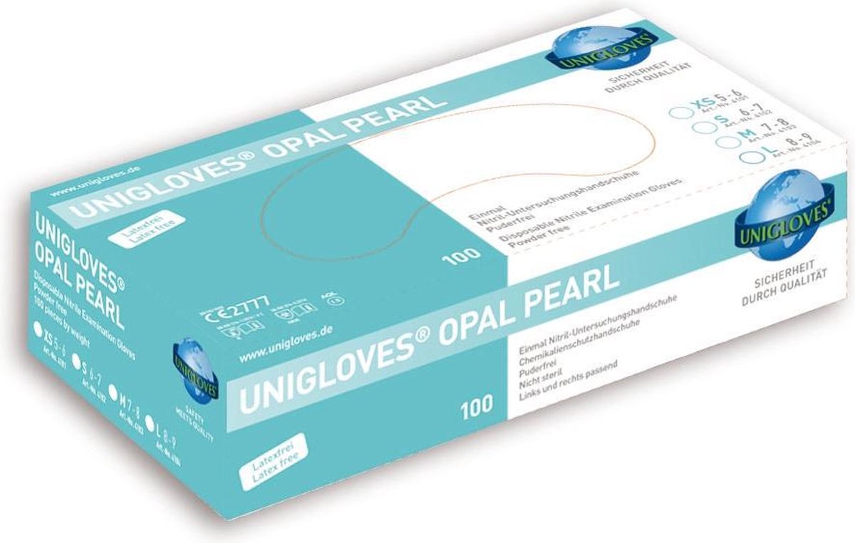 Witte Unigloves Opal Pearl nitril handschoenen, doos van 100 stuks – poedervrij en hygiënisch, geschikt voor nagelstylisten en schoonheidsprofessionals.
