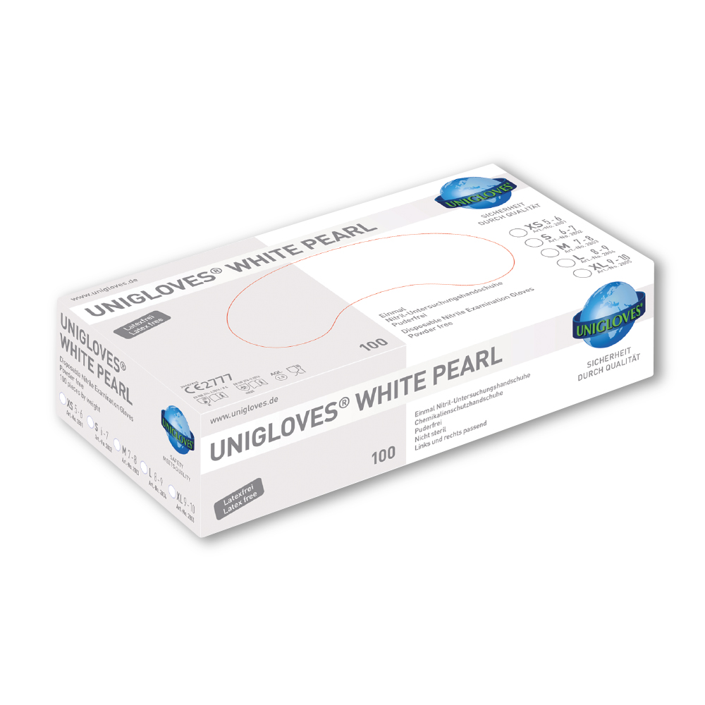 Witte Unigloves White Pearl nitril handschoenen, doos van 100 stuks – poedervrij en hygiënisch, ideaal voor gebruik door nagelstylisten en andere beautyprofessionals.